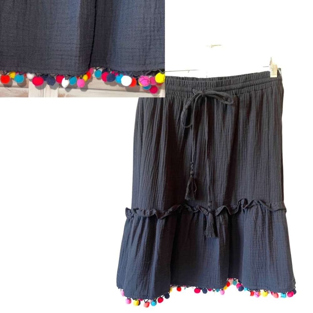 BLACK COTTON TIERED SKIRT WITH COLORFUL POM-POM HEM, PLUS SIZE 16